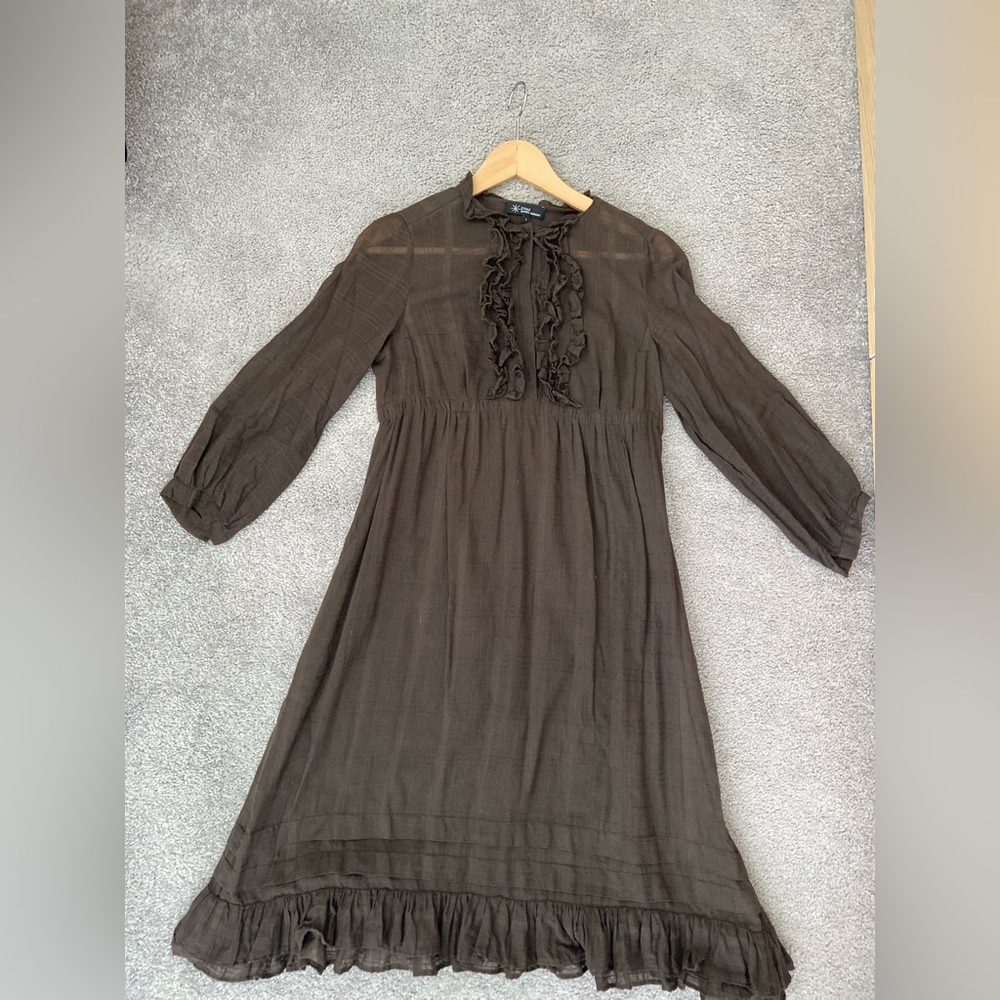 Ruffle-Front Brown Midi Dress - Unbranded